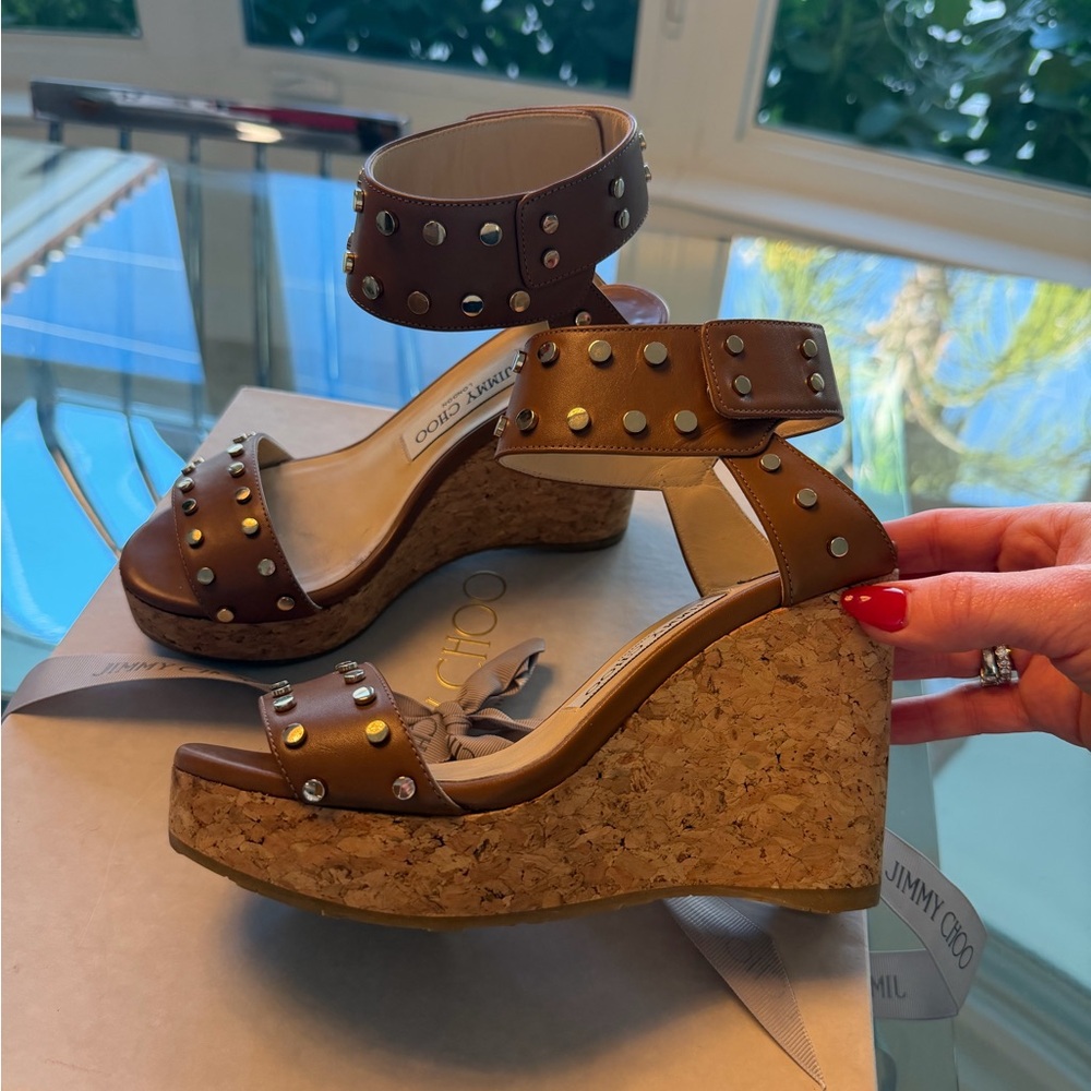 Jimmy Choo Brown Studded Cork Wedge Sandals